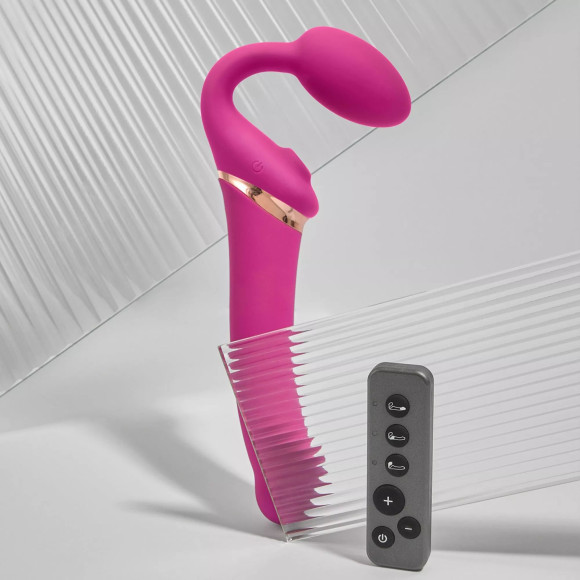 Ярко-розовый безремневой страпон Multi Orgasm Bendable Strap-On size XL с клиторальной стимуляцией