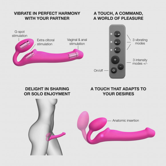 Ярко-розовый безремневой страпон Strap-on-me Vibrating Bendable Strap-On size M