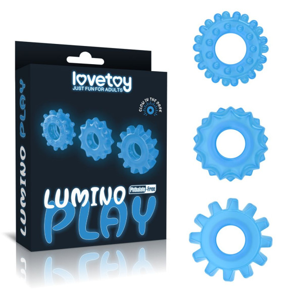 Набор из 3 голубых, светящихся в темноте эрекционных колец Lumino Play Набор из 3 голубых, светящихся в темноте эрекционных колец Lumino Play