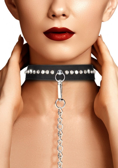 Черный ошейник с поводком Diamond Studded Collar With Leash Черный ошейник с поводком Diamond Studded Collar With Leash