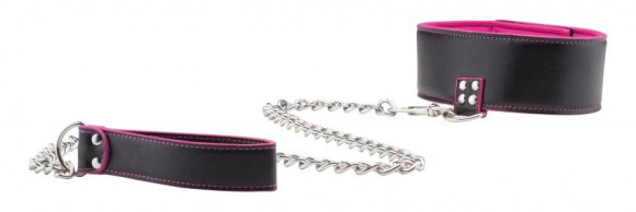 Чёрно-розовый двусторонний ошейник с поводком Reversible Collar with Leash