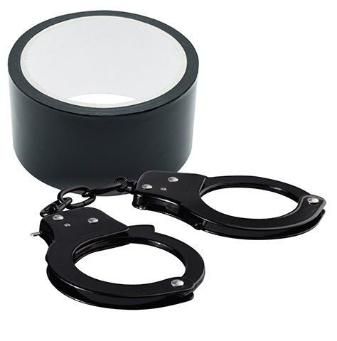 Набор для фиксации BONDX METAL CUFFS AND RIBBON: чёрные наручники из листового материала и липкая лента