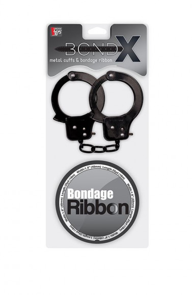 Набор для фиксации BONDX METAL CUFFS AND RIBBON: чёрные наручники из листового материала и липкая лента