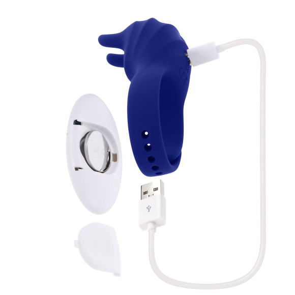 Синее эрекционное виброкольцо с клиторальной подушечкой и пультом ДУ Adjustable Fun Ring