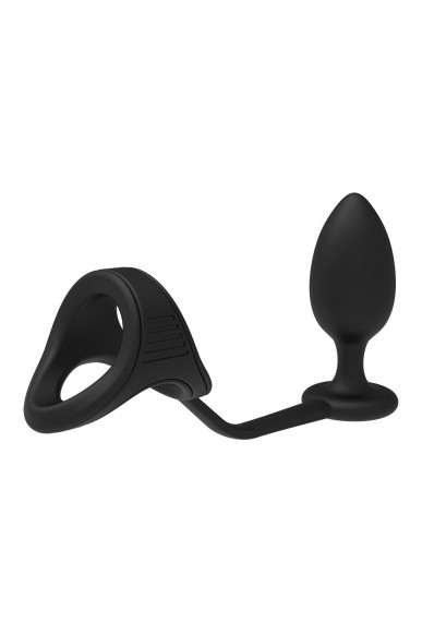 Черное эрекционное кольцо с анальной пробкой Cockstrap With Anal Plug