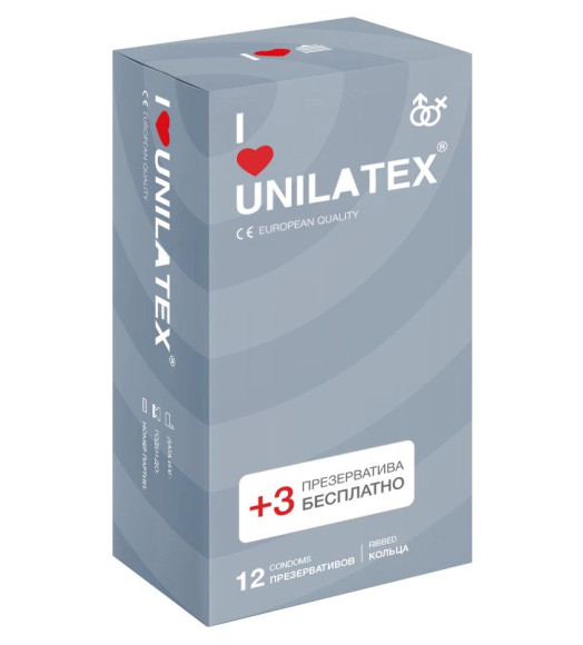 Презервативы с рёбрами Unilatex Ribbed - 12 шт. + 3 шт. в подарок Презервативы с рёбрами Unilatex Ribbed - 12 шт. + 3 шт. в подарок