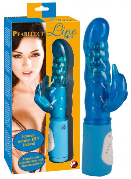 Синий вибратор PEARLFECT LINE с клиторальным дельфинчиком - 24,5 см.
