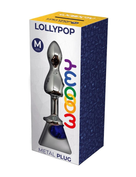 Серебристая анальная втулка Wooomy Lollypop M с синим кристаллом - 9,4 см.