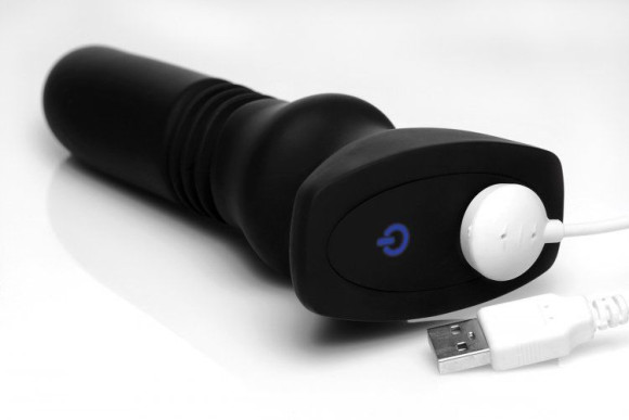 Черный фрикционный вибратор Silicone Vibrating & Thrusting Plug with Remote Control - 17,1 см.