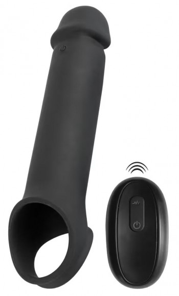 Черная вибронасадка для пениса с хомутом для мошонки и пультом ДУ Remote Controlled Penis Extension