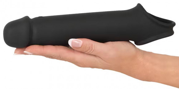 Черная вибронасадка для пениса с хомутом для мошонки и пультом ДУ Remote Controlled Penis Extension