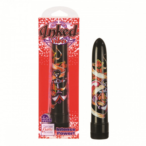 Чёрный вибратор с принтом Inked Vibes - 16,5 см.
