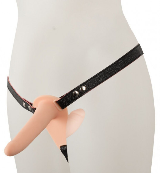 Телесный двойной вибрострапон с вибрацией Vibrating Double Strap-On - 15 см.