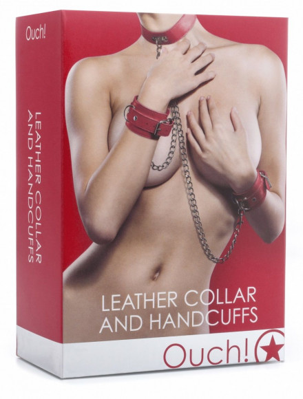 Красный комплект для бондажа Leather Collar and Handcuffs
