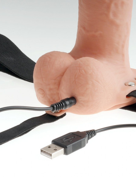 Телесный перезаряжаемый вибрострапон 11  Hollow Rechargeable Strap-on with Balls - 30 см.