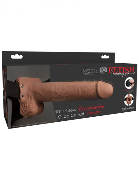 Кофейный перезаряжаемый фаллопротез 10  Hollow Strap-on with Remote - 21,6 см.
