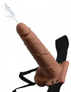 Кофейный полый страпон с имитацией эякуляции 7.5  Hollow Squirting Strap-On with Balls - 21,6 см.