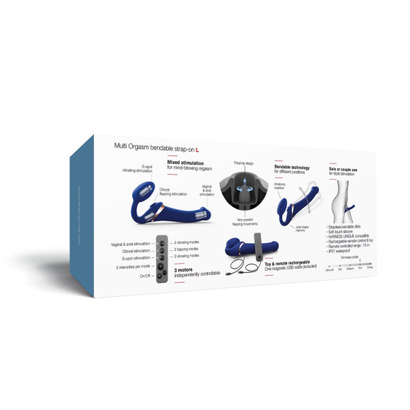 Синий безремневой страпон Multi Orgasm Bendable Strap-On size L с клиторальной стимуляцией