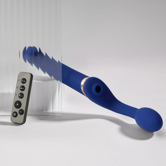 Синий безремневой страпон Multi Orgasm Bendable Strap-On size XL с клиторальной стимуляцией