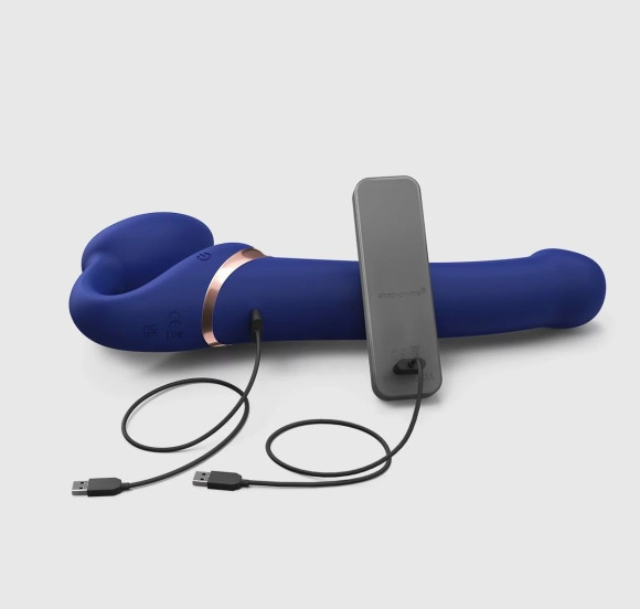 Синий безремневой страпон Multi Orgasm Bendable Strap-On size XL с клиторальной стимуляцией