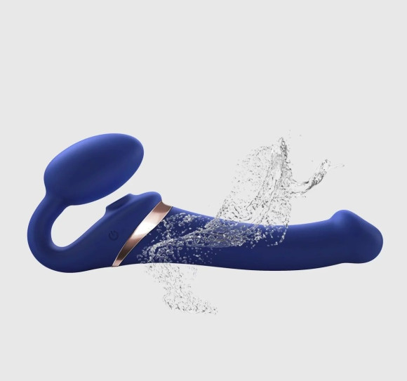 Синий безремневой страпон Multi Orgasm Bendable Strap-On size XL с клиторальной стимуляцией